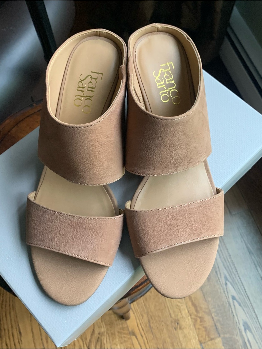 NIB NWT Franco Sarto Real Leather Slip-on Sandal Mule Wedge Sz 8 in Sand
